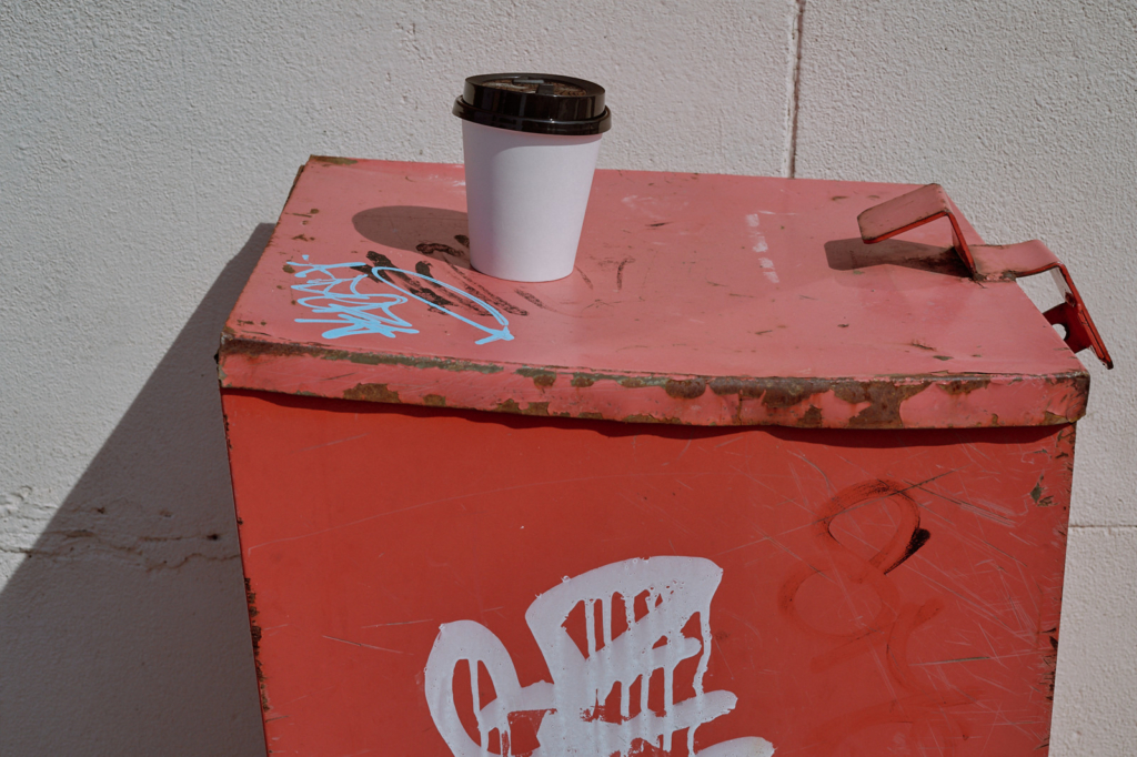 trashcan, rubbish, street, shadow, graffiti